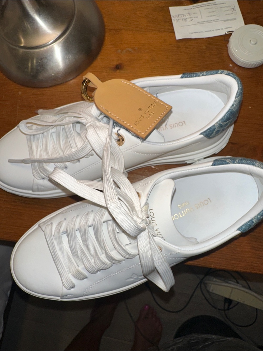 Louis Vuitton White Leather Low-Top Sneakers with Gold Accents - Picture 9 of 17